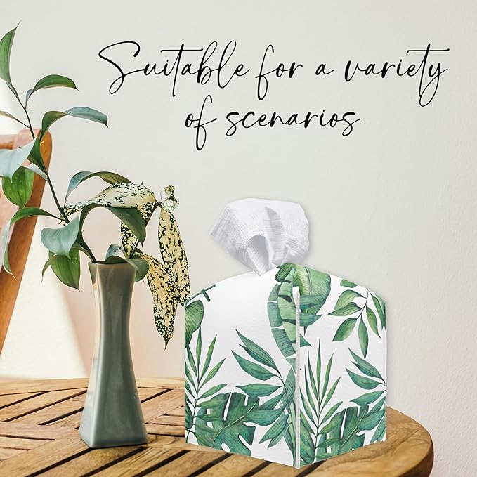 Greenery Square Tissue Box Holder Cover, Tissue Cube Box Organizer for Bathroom, Living Room, Office, Countertop, Car, Night Stands, Modern Home Desk Tabletop Decor - A01