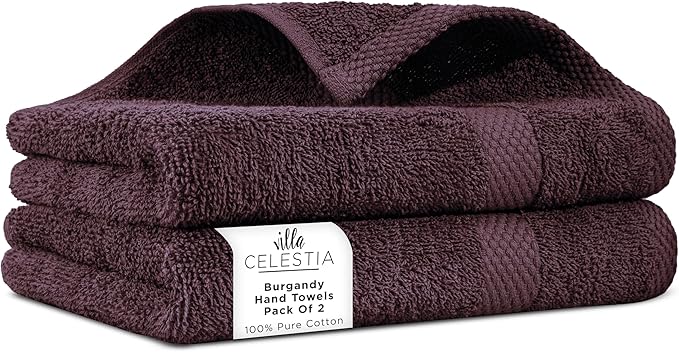 Villa Celestia 100% Cotton Hand Towel Set of 2, (16 x 28 inches) Sustainable, Soft, Highly Absorbent, Quick Drying, Combed Cotton Hand Towels Pack of 2 Ideal for Hotels, Spa, Bathroom, Dorm, Burgandy