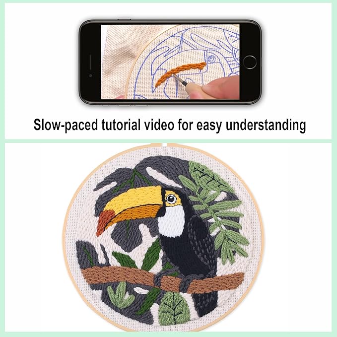 Myfelicity Punch Needle Embroidery Kit, Beginner Craft Set with Animal Pattern Design, 7.9 Inch Hoop (Toucan)