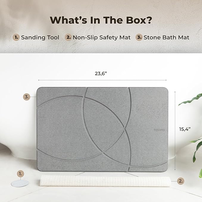 TOSORO - Stone Bath Mat, Diatomaceous Earth Non-Slip Stone Shower Mat - Quick Drying Absorbent Bath Mats for Bathroom - Elegant & Modern Design, Easy to Clean (23.5 x 15) - Graphite