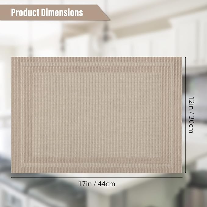 Winknowl Placemats Set of 6，Heat Resistant Woven Vinyl Washable PVC Place Mats，Non-Slip Stain Resistant Indoor/Outdoor Table Mats for Dining Table (Gold)
