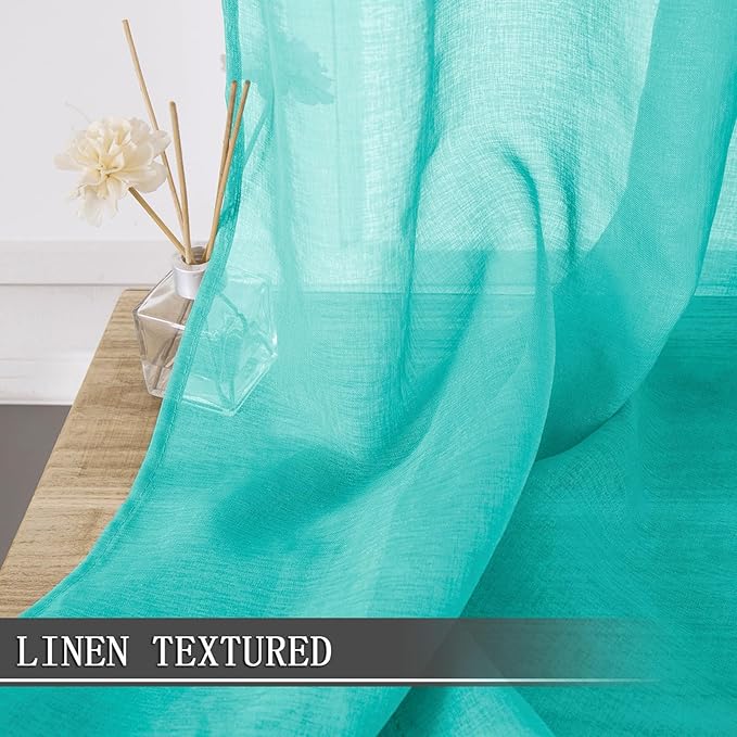 Tollpiz Sheer Curtains Living Room Linen Textured Curtain Sheers Light Filtering Voile Rod Pocket Curtains for Bedroom, 38 x 63 inches Long, Aqua Blue, Set of 2 Panels