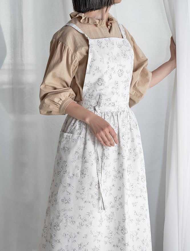 Japanese apron Women-Cross Back Apron for Women with Pockets, Pinafore Aprons, Womens Cotton Linen Apron