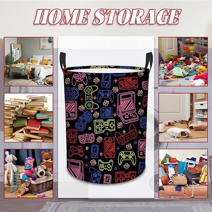 Game Gaming Laundry Basket, 43L Round Oxford Cloth Laundry Hamper, Waterproof Collapsible Storage Organizer Bin with Handles for Toys, Nursery Home Storage, Gift for Chritsmas Thanksgiving 13.8x17.7