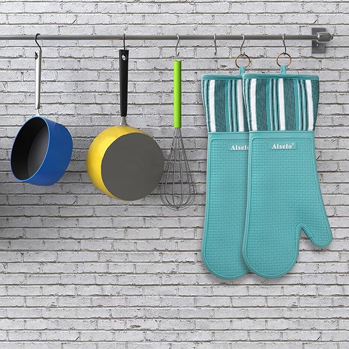 Silicone Oven Mitts Heat Resistant 550 Degree Extra Long Kitchen Gloves Pot Holders with Waterproof and Non-Silp for Baking Cooking Barbecue Microwave Machine Washable (Extra Long Blue, 2)