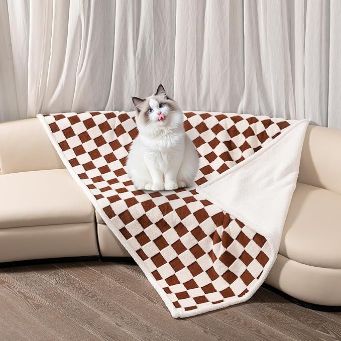 Maidewow Waterproof Pet Blanket,Dog Bed Covers Couch Sofa Stylish Jacquard Pets Throw Blankets for Puppy Cats Washable Reversible Furniture Protection Covers (Coffee Check,L)