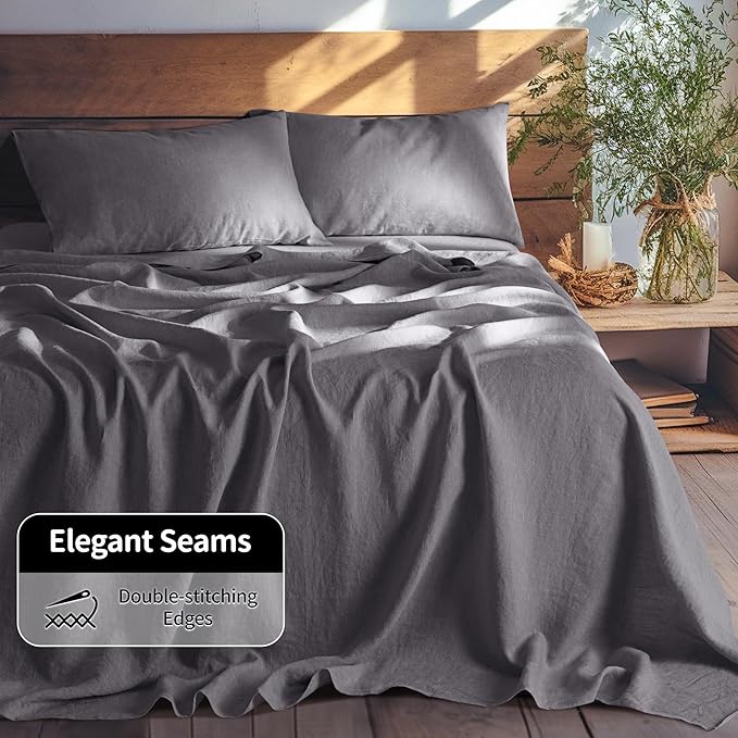 LBRO2M 100% Linen Sheet Set 19" Deep Pocket King Size,Bed Sheets 4 Piece Sets,Solid Color Natural Flax Bed Sheets Soft Breathable Bedding, All Season (King, Dark Grey)
