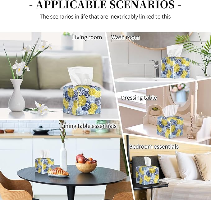 POIUBLE Yellow and Navy Chrysanthemum Flower Tissue Box Cover Leather Tissue Box Holder Square Facial Paper Organizer Dispenser for Bathroom Kitchen Bedroom Vanity Countertop Night Stands