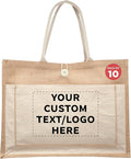 DISCOUNT PROMOS Custom Jute Tote Bags with Cotton Pocket Set of 10, Personalized Bulk Pack - Reusable, Great for Picnic, Camping, Beach, Outdoor Activities - Natural