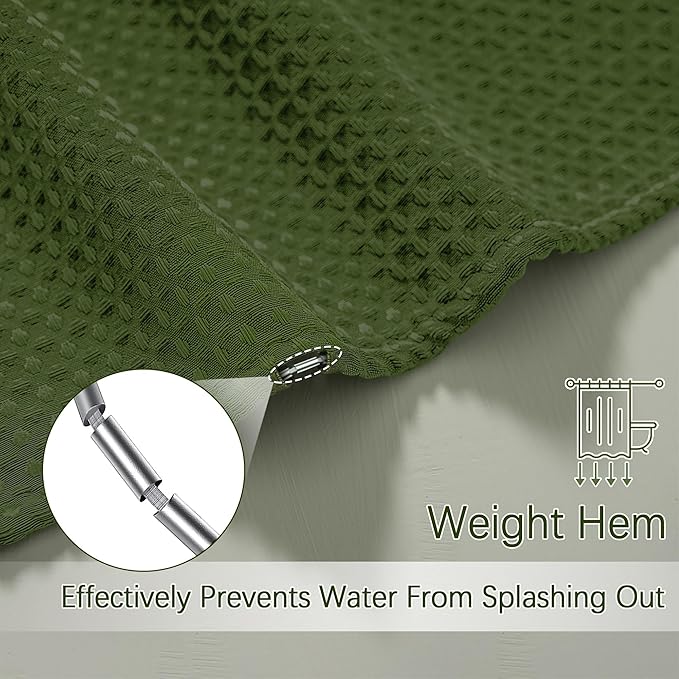 PANGSINNE Green Shower Curtain for Bathroom Waffle Textured Heavy Duty 78 Inch Shower Curtain Set for Bathroom, Water Repellent 256GSM Neutral Fabric Shower Curtains with 12 Metal Hooks, 72Wx78H