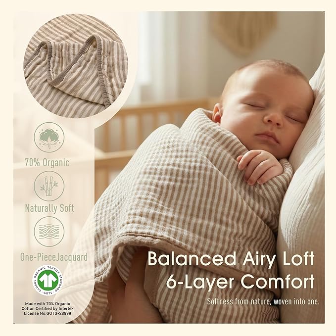 HardNok Ultra Soft Muslin Baby Blanket - Made with Organic Cotton, Gender Neutral Warm Coffee Striped Jacquard, Swaddle & Crib Quilt, 43x43 Inches (Horizon Dune)