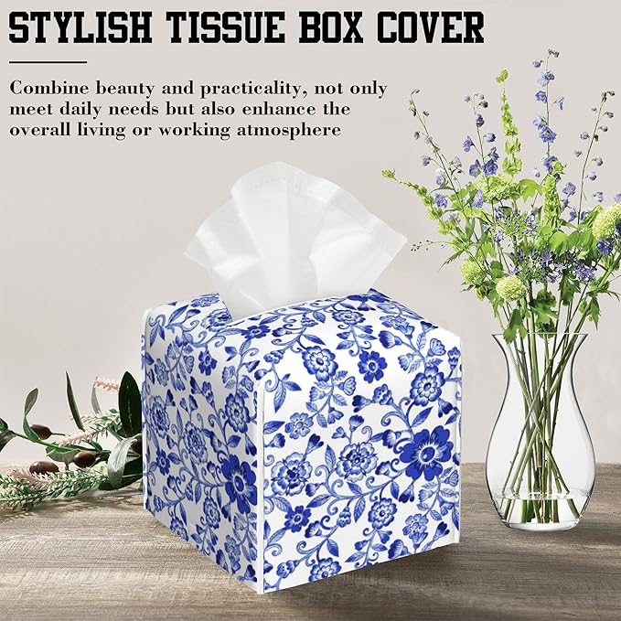 OHEGBXE Tissue Box Holder Watercolor Blue Flowers Square Leather Tissue Box Cover Modern Cube Facial Paper Cover Case for Bathroom Vanity Countertop Night Stands Tabletop