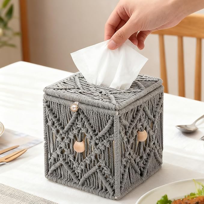 KaloKalo Handmade Tissue Box Cover Decorative Macrame Boho Square Tissue Holder Cotton Rope Woven Napkin Facial Paper Organizer Bohemian Desk Storage Container with Buckle Wood Beads (Grey)
