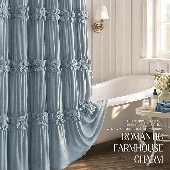 XOGUIBO Ruffle Shower Curtain with Handmade Bow Tie, Blue Linen Vintage Farmhouse Shower Curtain for Bathroom, 72" W x 72" H