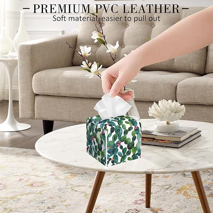 POIUBLE Leather Tissue Box Holder Watercolour Cactus Tissue Box Cover Square Waterproof Tissue Holder Organizer Modern Napkin Holder for Bedroom Dresser Night Stand Office Desk
