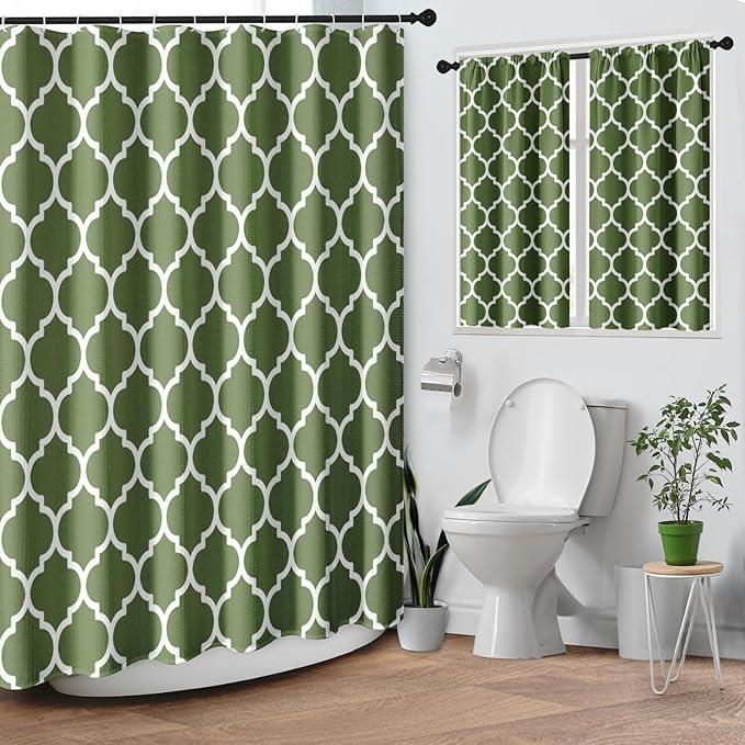 Culudea Sage Green Quatrefoil Moroccan Plaid Waffle Textured Cloth Shower Curtain Set, Four Leaf Clover Retro Grid Geometric Bathroom Window Waterproof Shower Curtains for Bathroom Decor