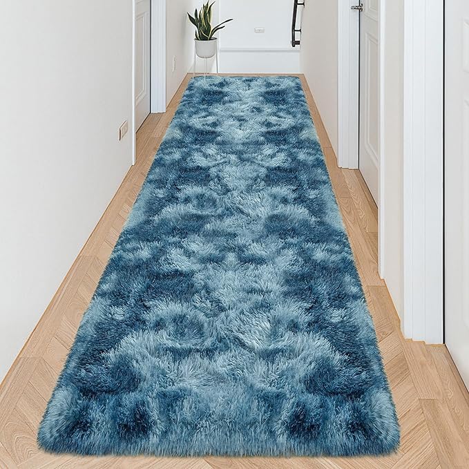 3x10ft Plush High Pile Blue Tie-Dyed Rug Fluffy Soft Runner Bedside Rug for Bedroom Living Room Hallway Nursery Kids Home Decor Shag Carpet