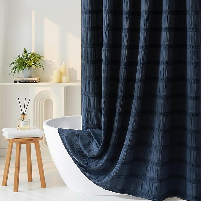 Lameirose Extra Long Navy Blue Shower Curtain Farmhouse,72 x 84 Cotton Blend Waffle Tufted Striped Chic Textured Fabric Shower Curtain for Bathroom, Hotel