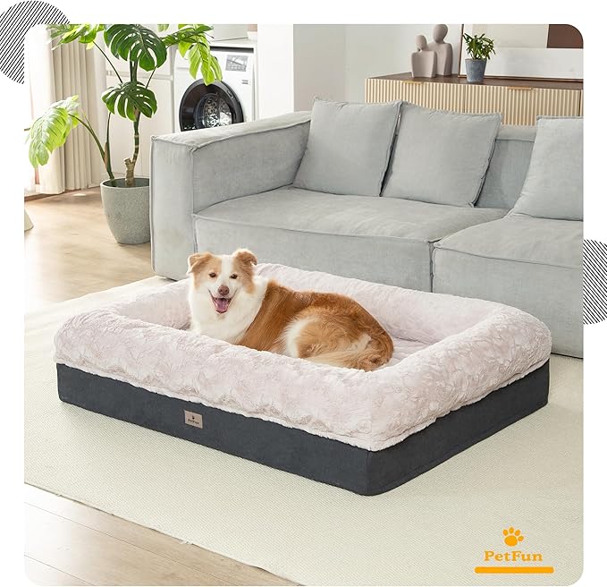 PetFun Memory Foam XL Dog Bed for XLarge Sized, Extra Large Orthopedic Dog Sofa with Sides and Waterproof Liner, Washable Bolster Pet Bed Couch with Removable Cover, 50x38x13 Inch, Beige