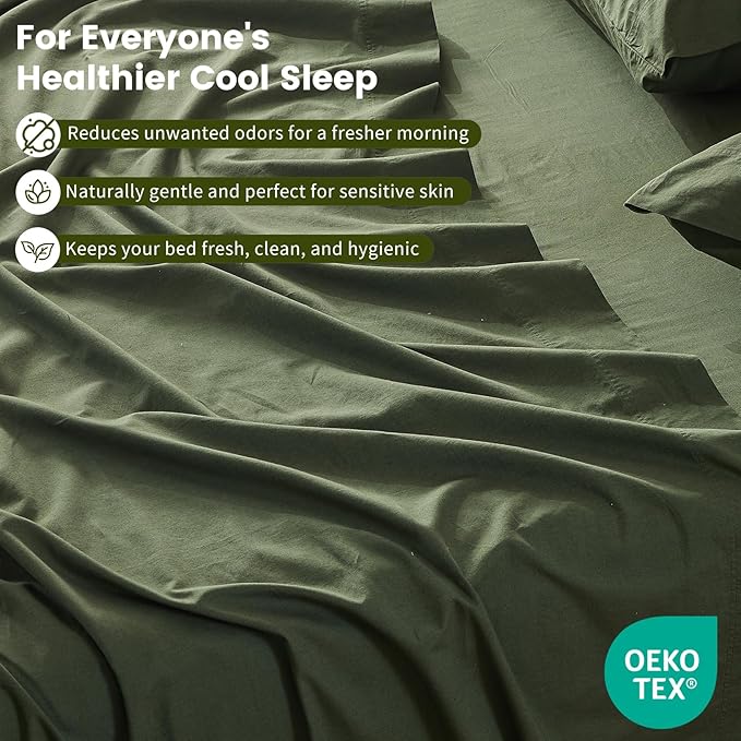 100% Linen Sheet Set King Size Extra Deep Pocket Fits 18-24 Inch Mattress, Breathable & Soft, Smooth 4-Piece Set for Thick Mattresses Hotel Luxury Bedding（King, Forest Green）