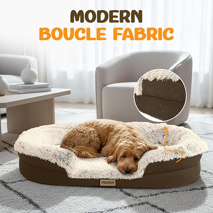 Miorun Fluffy Orthopedic Dog Bed for Medium & Large Dogs, Calming Plush Sofa Bed with Curved Bolster Support and Egg-Crate Foam Base, 43" Cozy Oval Pet Donut Bed with Washable Cover, Coffee