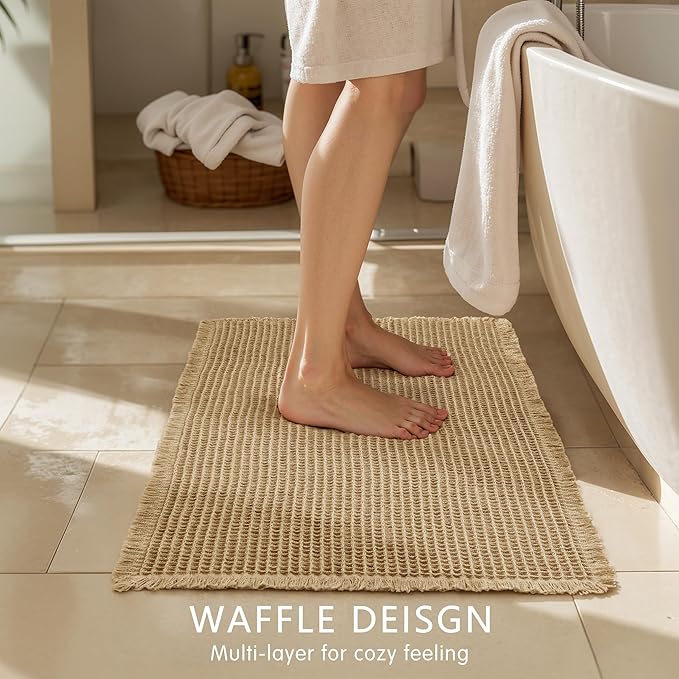 SUBRTEX Waffle Braided Bath Mat, 16" x 24" Soft Waffle Bath Rugs, Absorbent Non Slip Bathrooom Mats, Machine Washable Area Rug for Bathroom, Quick Dry, Khaki
