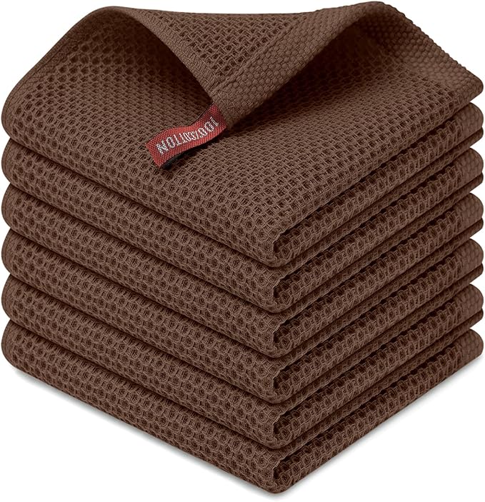 Kitinjoy 100% Cotton Kitchen Dish Cloths (12 X 12 Inches, Coffee),6 Pack Waffle Weave Ultra Soft Absorbent Dish Towels for Drying Dishes Quick Drying Kitchen Towels Dish Rags