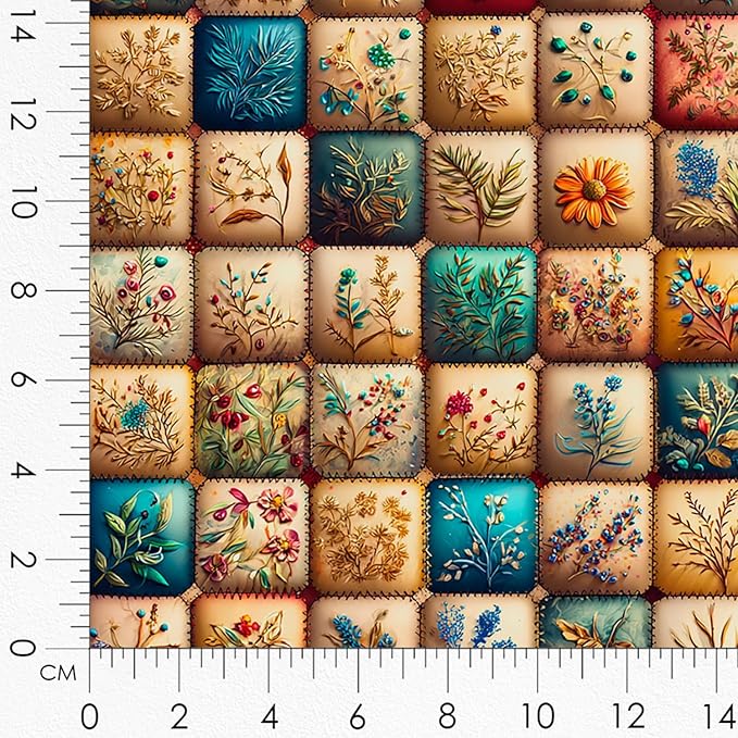 Gnome Patchwork Cotton Fabric Panel – 6 Designs 10×10 inch + Bonus Patchwork Sheet 29.5×19.6 inch, 100% Cotton 140 GSM, Eco-Printed Quilting & Sewing Fabric (USA Size)