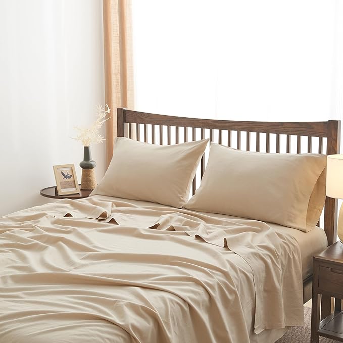 Simple&Opulence Belgian Linen Sheet Set Solid Color - 4 Pieces (1 Flat Sheet, 1 Fitted Sheet & 2 Pillowcases) Natural Flax Cotton Blend Soft Breathable Farmhouse Bedding - Queen Size, Linen/Beige