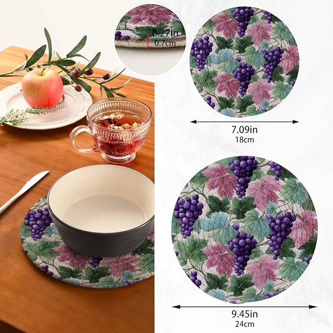 Boccsty Spring Summer Grape Trivets for Hot Pots and Pans Leaves Pot Holders 2PCS Hot Pads Kitchen Pot Holder for Counter Table Countertop Farmhouse