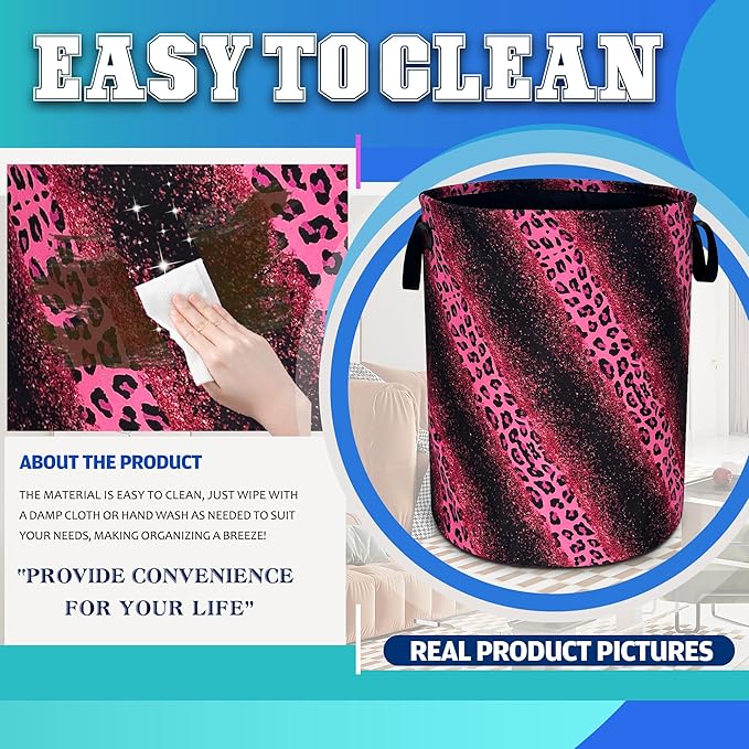 Pink Leopard Print Laundry Basket Cheetah Oxford Cloth Laundry Hamper With Handle Foldable Portable Clothes Storage Basket 18.9 X 16.5 Inch Storage Bag For Laundry Room/Bathroom/Bedroom/Dormitories