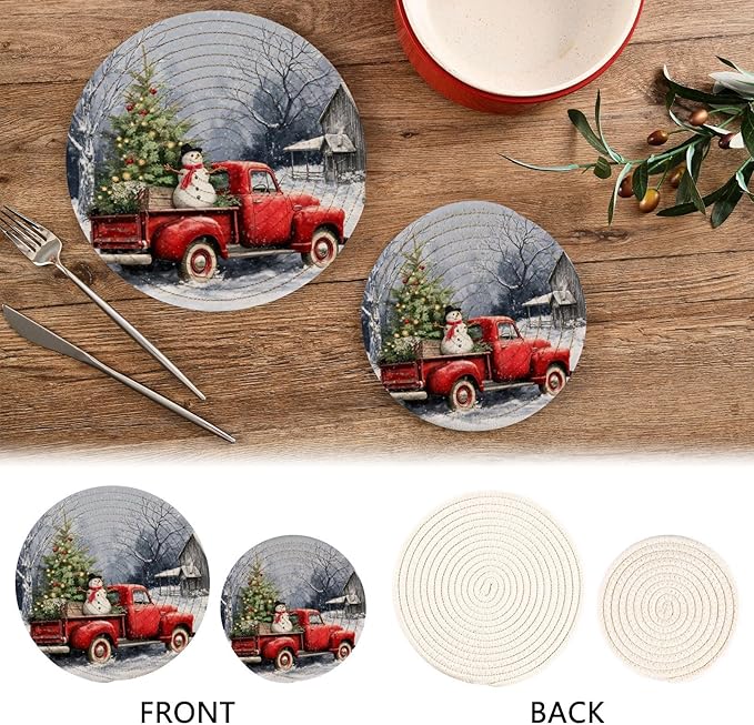 Boccsty Winter Red Truck Trivet Mat 2PCS Snowflake Christmas Tree Dog Cardinal Bird Round Woven Potholders Kitchen Table Countertop Protector Hot Pads Farmhouse Coasters Counter Mats for Cooking Baki