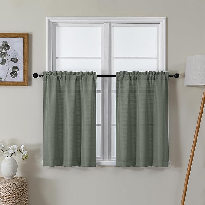 Lecloud Bessie Olive Green Kitchen Curtains 30 Inch Length 2 Pcs, Light Filtering Cafe Short Curtain Tiers, Dual Rod Pocket Window Treatments for Bedroom Basement Bathroom, Each 30 W x 30 L
