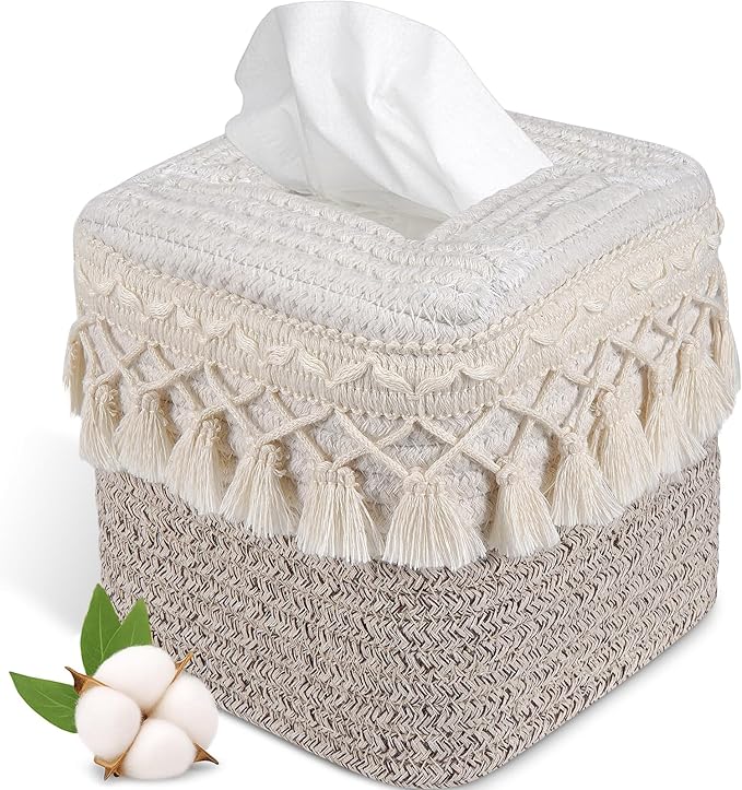 Square Boho Tissue Box Cover: Hand-Woven Tassel Holder for Bathroom, Table & Kitchen – Open-Bottom Design Decorative Cover for Home, Office & Farmhouse Decor (1, Tassel Ivory/Taupe, One Size)