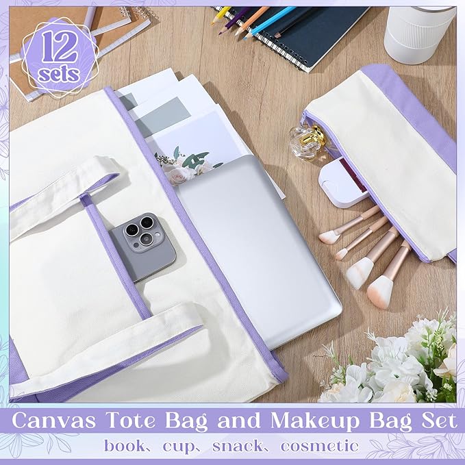 Sanwuta Canvas Tote Bags Bulk with Outer Pocket and Makeup Pouch 18'' Reusable Grocery Bags with Handles for Women Beach DIY