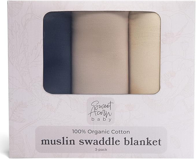 Sweet Acorn Muslin Swaddle Blanket – Soft Cotton Muslin Baby Blanket for Newborns, Infants, and Toddlers, All-Season Comfort Baby Essential - Blue, Grey, White