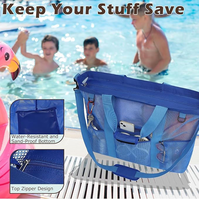 Fammart Mesh Beach Bag, Large Beach Tote Bags with Zipper, Toys Pool Bag for Family Travel Vacation Cruise Essentials