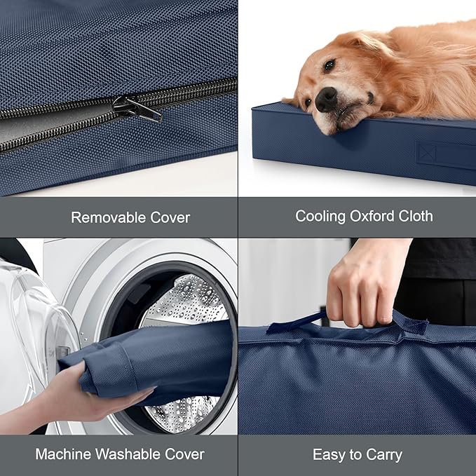 Tail Stories Outdoor Large Washable Dog Bed, Orthopedic Egg Crate Foam Dog Crate Mat for Large Dogs with Removable Oxford Cooling Cover, Navy