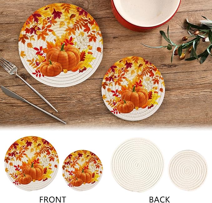 Boccsty Yellow Pumpkins Trivet Mat 2PCS Autumn Leaves Round Woven Potholders Kitchen Table Countertop Protector Hot Pads Farmhouse Coasters Counter Mat
