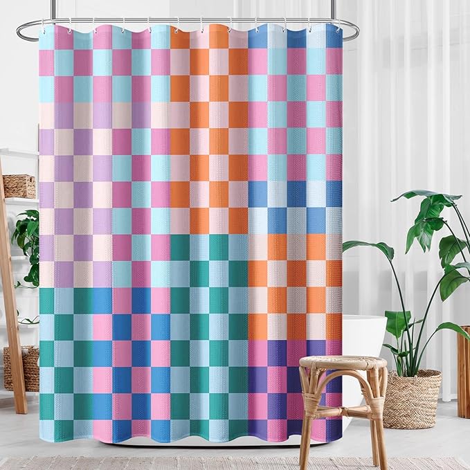 Culudea Retro Checkered Aesthetic Colorful Shower Curtain Set, Funky Checkerboard Modern Bathroom Window Waterproof Shower Curtain Set for Bathroom Decor