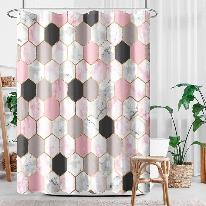 Culudea Geometric Gold Pink Shower Curtain Set, Gray Marble Vintage Bathroom Window Waterproof Shower Curtain Set for Bathroom Decor
