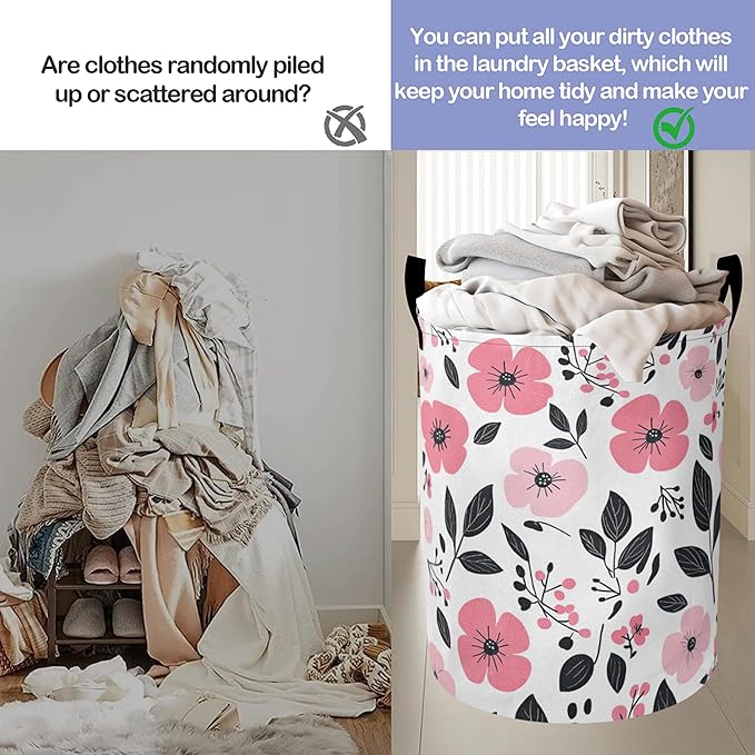 Laundry Basket, Pink Flowers Oxford Cloth Laundry Hamper With Handle Foldable Portable Clothes Storage Basket Storage Bag For Laundry Room/Bathroom/Bedroom/Dormitories