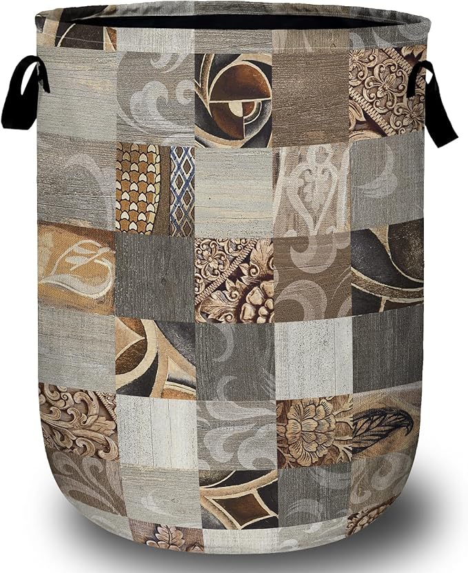 Geometric Patchwork Laundry Basket with Sturdy Handles, Collapsible Oxford Cloth Laundry Hamper Organizer Basket for Bathroom Bedroom 15.7x20 Inch