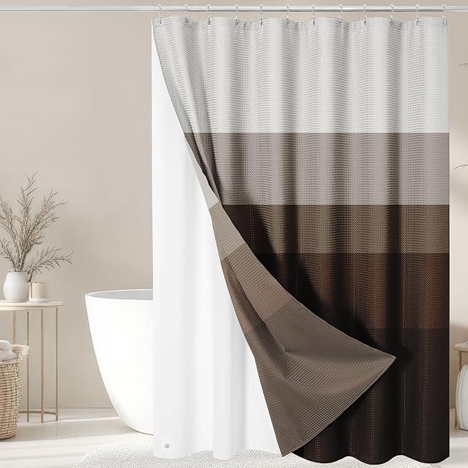 Nesphy Shower Curtain and Liner, Brown Ombre Striped 3 in 1 Shower Curtain and PEVA Liner Set with 12 Rust-Resistant Metal Hooks, Waterproof Fabric Shower Curtains for Bathroom, 72 W x 72 H