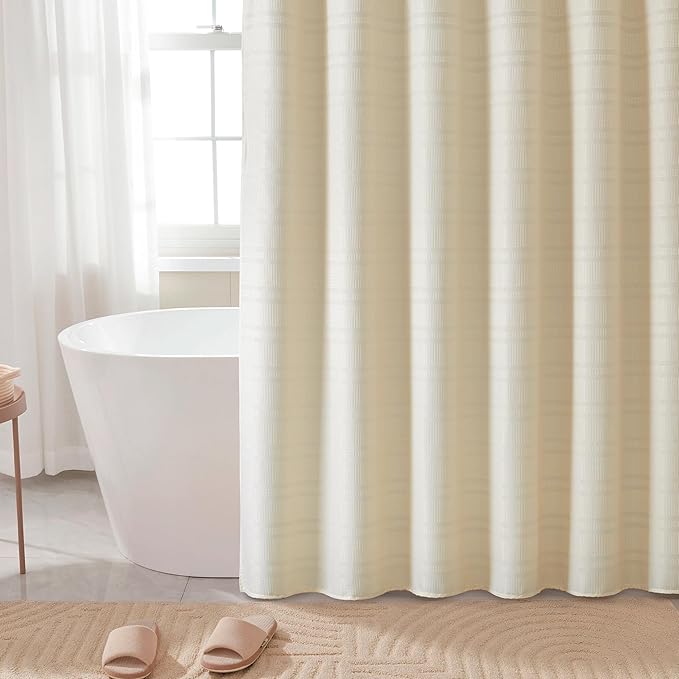 TURKIO Cream Shower Curtain Waffle Weave Shower Curtain Neutral Striped Fabric Shower Curtains for Bathroom (72Wx72H, Cream)