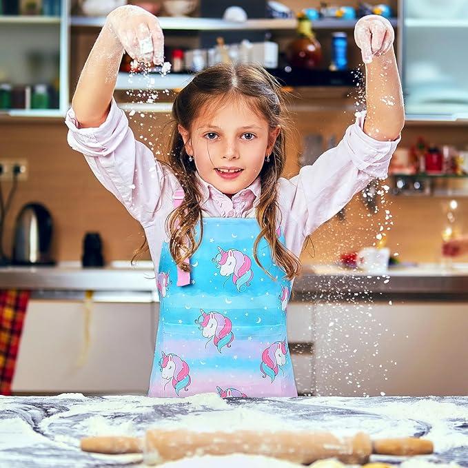 Sylfairy Aprons for Kids Girls Rainbow Unicorn Apron Children Kitchen Chef Aprons Smock (Pink, Medium,6-12Years)