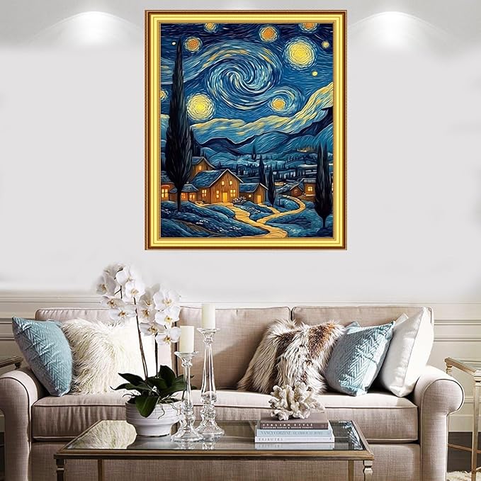 Foxnyart Stamped Cross Stitch Kits Full Range of Embroidery Needlework Starter Kits for Beginners Adults 11CT Embroidery Patterns Art Crafts DIY Needlepoint Kit-Van Gogh Starry Sky Home 16x20 inchs