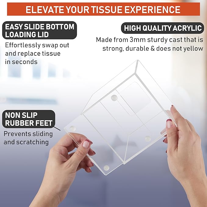 Acrylic Tissue Box Holder, Square Dispenser for Facial Tissues, Napkins, and Dryer Sheets. Perfect for Bathrooms, Desks, Countertops, Vanities, Bedrooms, and Nightstands (Square, Clear)