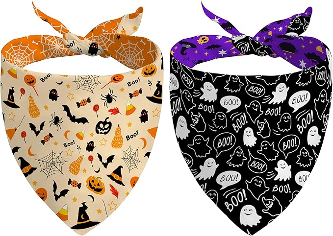 Halloween Dog Bandanas Reversible 2 Pack Large, Orange Black Spider Web Ghost Cute Halloween Pet Bandanas for Dogs Adjustable Triangle Holiday Scarves for Medium Large Extra Large Boy Girl Dogs
