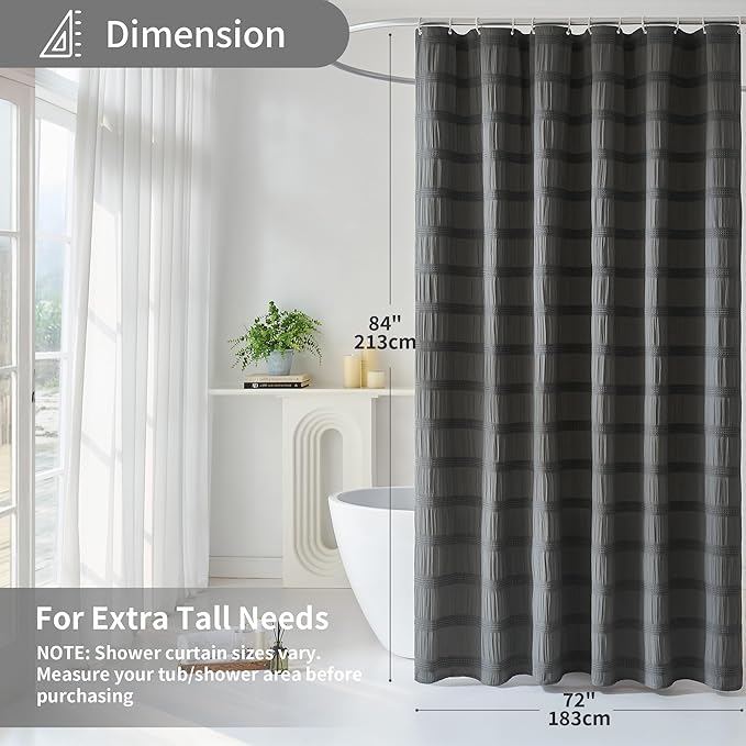 Lameirose Extra Long Grey Shower Curtain Farmhouse,72 x 84 Cotton Blend Waffle Tufted Striped Chic Textured Fabric Shower Curtain for Bathroom, Hotel